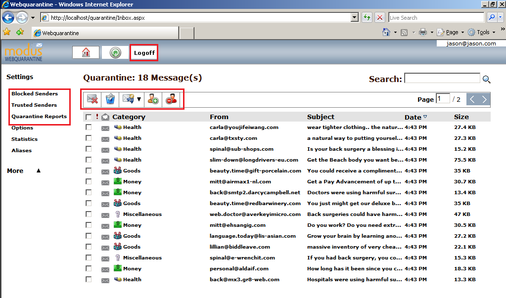 Web Spam Filter Quarantine Dashboard