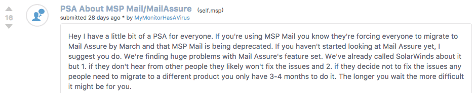 Alternative to Solarwinds MSP Mail Assure